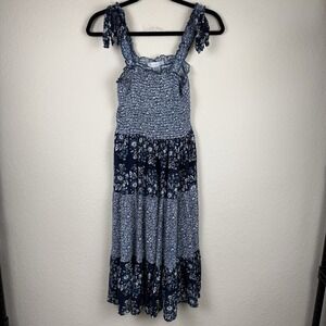 Keren Hart Midi Dress M Blue White Ditzy Floral Smocked Top Tiered Boho
